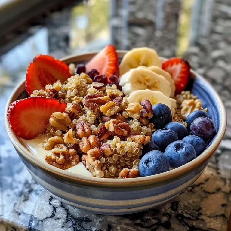 ['A vibrant quinoa breakfast bowl featuring Greek yogurt, strawberries, blueberries, and chopped walnuts.', 'Close-up of a nutritious quinoa breakfast bowl topped with fresh berries and yogurt.', 'A side view of a colorful quinoa bowl filled with Greek yogurt, fruits, and crunchy walnuts.', 'Delicious quinoa breakfast bowl with layers of yogurt, fruits, and nuts, captured in detail.']