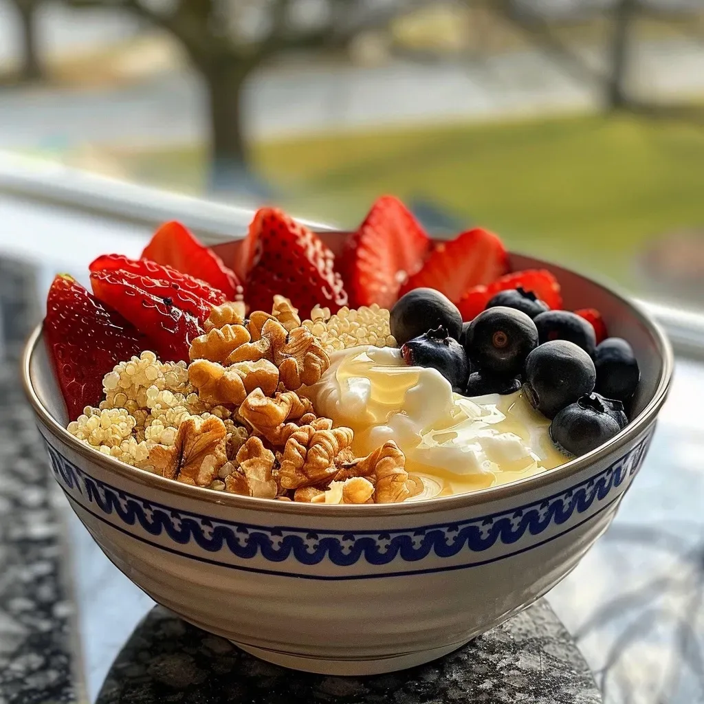 ['A vibrant quinoa breakfast bowl featuring Greek yogurt, strawberries, blueberries, and chopped walnuts.', 'Close-up of a nutritious quinoa breakfast bowl topped with fresh berries and yogurt.', 'A side view of a colorful quinoa bowl filled with Greek yogurt, fruits, and crunchy walnuts.', 'Delicious quinoa breakfast bowl with layers of yogurt, fruits, and nuts, captured in detail.']