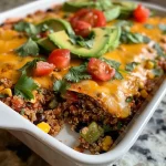 ['Close-up view of a layered quinoa enchilada casserole topped with melted cheese and diced avocado.', 'Side angle of a delicious quinoa enchilada casserole showcasing vibrant ingredients and textures.', 'Juicy quinoa enchilada casserole in a dish, featuring layers of cheese, corn, and black beans.', 'A colorful quinoa enchilada casserole drizzled with enchilada sauce and garnished with fresh cilantro.']