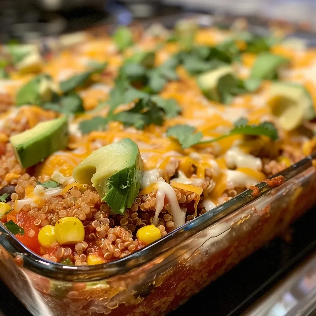 Close-up view of a layered quinoa enchilada casserole topped with melted cheese and diced avocado.