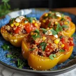 ['Close-up of vibrant quinoa stuffed peppers filled with cheese and vegetables.', 'Juicy bell peppers overflowing with a colorful quinoa mixture and melted cheese.', 'Side view of baked stuffed bell peppers showcasing their hearty quinoa filling.', 'Brightly colored quinoa-stuffed peppers served on a plate, topped with cheese.']