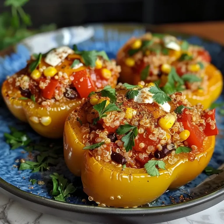 ['Close-up of vibrant quinoa stuffed peppers filled with cheese and vegetables.', 'Juicy bell peppers overflowing with a colorful quinoa mixture and melted cheese.', 'Side view of baked stuffed bell peppers showcasing their hearty quinoa filling.', 'Brightly colored quinoa-stuffed peppers served on a plate, topped with cheese.']