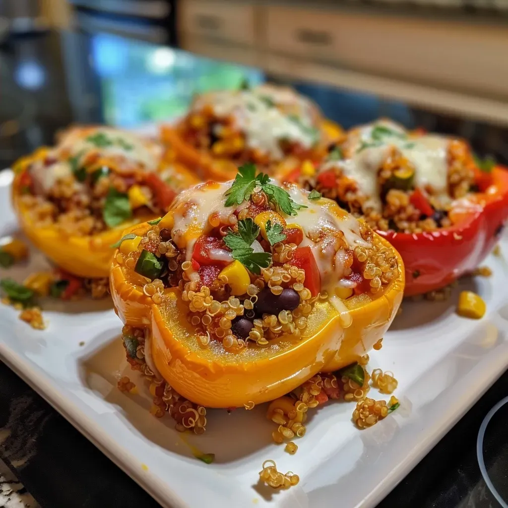 Close-up of vibrant quinoa stuffed peppers filled with cheese and vegetables.
