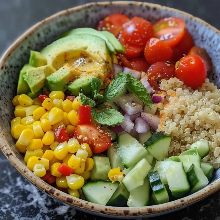 ['A close-up side view of a colorful quinoa summer bowl filled with fresh vegetables and herbs.', 'A vibrant quinoa summer bowl featuring sliced avocado, cherry tomatoes, and leafy greens, captured in detail.', 'A delectable quinoa bowl showcasing a variety of ingredients including cucumbers and sweet corn from a side perspective.', 'An appetizing quinoa summer bowl topped with fresh mint leaves and served with a drizzle of olive oil.']