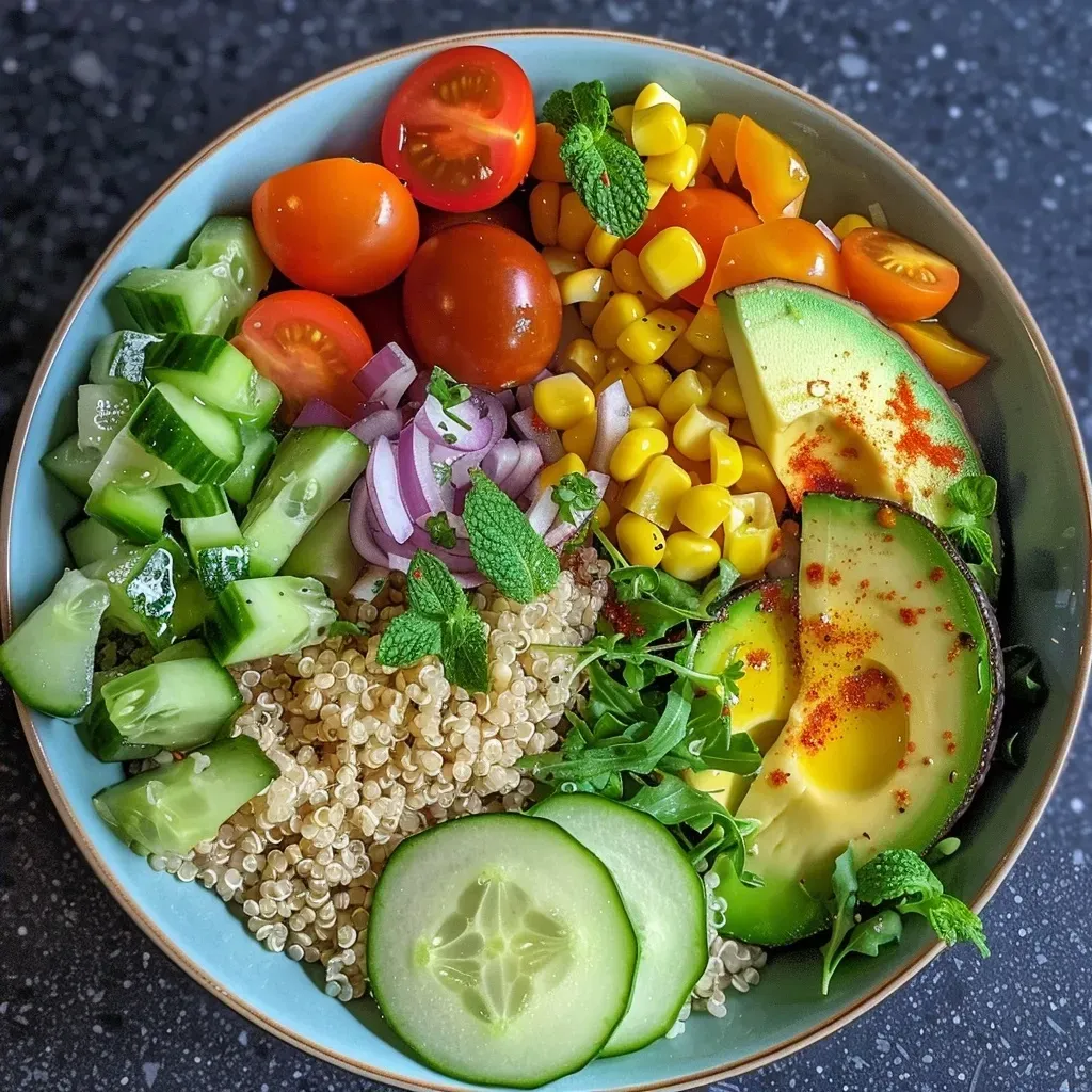 A close-up side view of a colorful quinoa summer bowl filled with fresh vegetables and herbs.