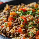 ['A close-up side view of a plate featuring juicy beef and fluffy rice, garnished with colorful bell peppers.', 'A detailed shot of a serving of rice and ground beef, showcasing diced vegetables and herbs.', 'A vibrant arrangement of rice and flavorful beef, highlighting the texture and ingredients in focus.', 'A mouth-watering view of seasoned ground beef mixed with rice and brightly colored peppers on a plate.']