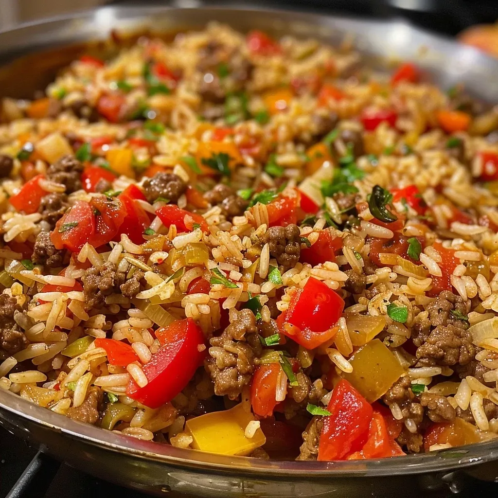 ['Juicy rice and beef served in a bowl, showcasing vibrant bell peppers and spices.', 'Close-up of a hearty rice and beef dish, topped with diced vegetables and herbs.', 'A side view of savory rice and beef, highlighting the colorful ingredients and textures.', 'Deliciously plated rice and beef mix with tomatoes and bell peppers, ready to eat.']