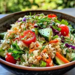 ['A vibrant bowl of rice salad featuring colorful diced vegetables and creamy dressing.', 'Close-up view of a fresh rice salad with cucumbers, carrots, and cherry tomatoes.', 'A side view of a delicious rice salad, showcasing its variety of vegetables and textures.', 'A detailed image of rice salad, highlighting the ingredients like bell pepper and purple cabbage.']