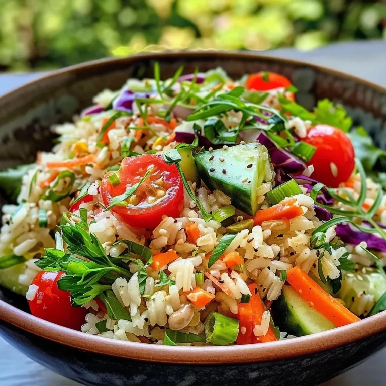 ['A vibrant bowl of rice salad featuring colorful diced vegetables and creamy dressing.', 'Close-up view of a fresh rice salad with cucumbers, carrots, and cherry tomatoes.', 'A side view of a delicious rice salad, showcasing its variety of vegetables and textures.', 'A detailed image of rice salad, highlighting the ingredients like bell pepper and purple cabbage.']