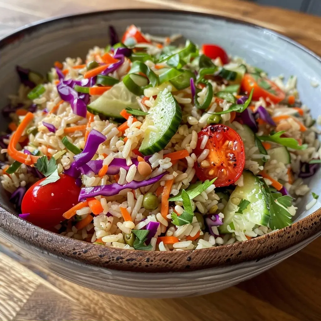 ['A vibrant bowl of rice salad featuring colorful diced vegetables and creamy dressing.', 'Close-up view of a fresh rice salad with cucumbers, carrots, and cherry tomatoes.', 'A side view of a delicious rice salad, showcasing its variety of vegetables and textures.', 'A detailed image of rice salad, highlighting the ingredients like bell pepper and purple cabbage.']