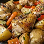 ['Juicy roasted garlic chicken thighs surrounded by colorful vegetables on a plate.', 'Close-up of roasted chicken with whole garlic cloves and vibrant veggies.', 'Plate of roasted chicken and vegetables, highlighting the golden-brown skin and fresh ingredients.', 'Delicious roasted garlic chicken served with a medley of carrots, potatoes, and peppers.']