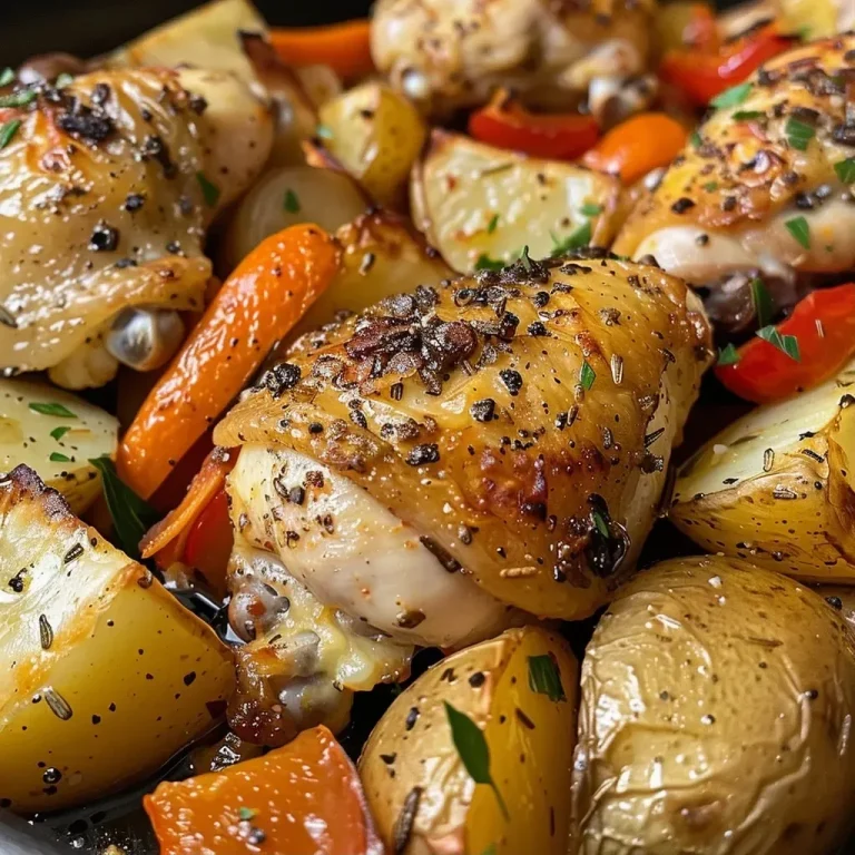 ['Juicy roasted garlic chicken thighs surrounded by colorful vegetables on a plate.', 'Close-up of roasted chicken with whole garlic cloves and vibrant veggies.', 'Plate of roasted chicken and vegetables, highlighting the golden-brown skin and fresh ingredients.', 'Delicious roasted garlic chicken served with a medley of carrots, potatoes, and peppers.']