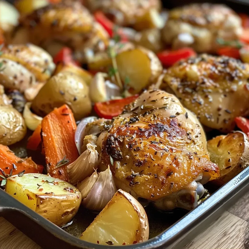 ['Juicy roasted garlic chicken thighs surrounded by colorful vegetables on a plate.', 'Close-up of roasted chicken with whole garlic cloves and vibrant veggies.', 'Plate of roasted chicken and vegetables, highlighting the golden-brown skin and fresh ingredients.', 'Delicious roasted garlic chicken served with a medley of carrots, potatoes, and peppers.']