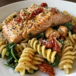 ['Close-up view of creamy salmon pasta with sun-dried tomatoes and spinach.', 'A serving of salmon pasta topped with sun-dried tomatoes and garnished with lemon slices.', 'Delicious, colorful pasta dish featuring salmon, sun-dried tomatoes, and fresh spinach.', 'Plate of salmon pasta with vibrant sun-dried tomatoes and a sprinkle of parmesan cheese.']
