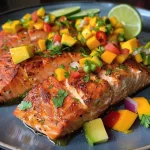 ['Close up of a juicy salmon fillet topped with vibrant mango salsa, featuring diced mango, avocado, and red bell pepper.', 'Side view of a beautifully plated salmon dish garnished with colorful mango salsa and herbs.', 'Succulent salmon fillet with a fresh mango salsa, showcasing bright colors and textures.', 'Detailed view of salmon with a topping of diced mango, cilantro, and jalapeño on a white plate.']