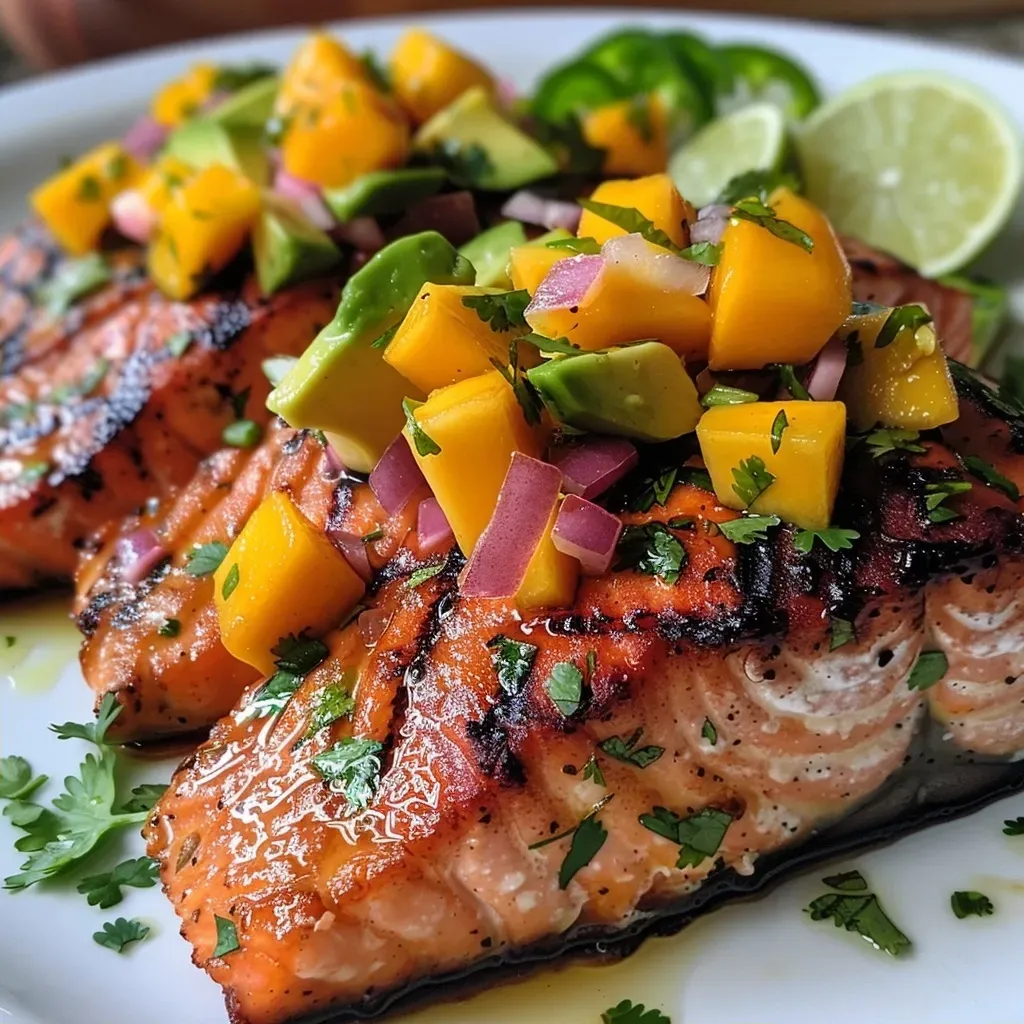 Close up of a juicy salmon fillet topped with vibrant mango salsa, featuring diced mango, avocado, and red bell pepper.