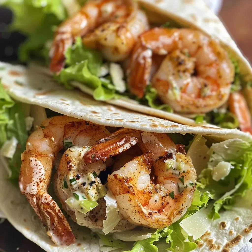 Close-up of a Shrimp Caesar Wrap, showcasing juicy shrimp and vibrant greens.
