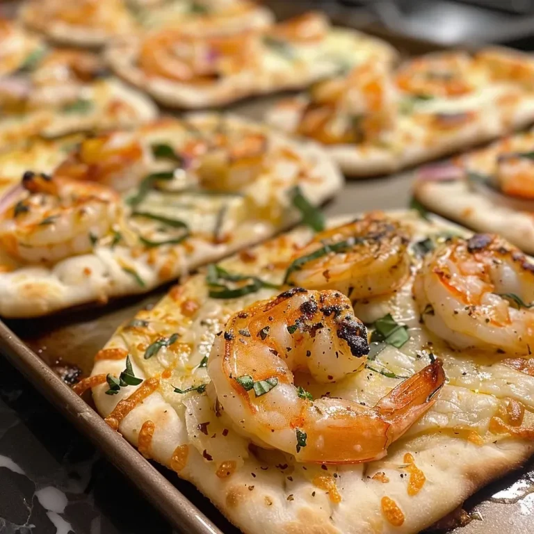 ['Close-up view of shrimp flatbread topped with shrimp and cheese.', 'Side view of a delicious shrimp flatbread displaying fresh ingredients.', 'Juicy shrimp flatbread with melted cheese and herbs on naan bread.', 'Gourmet shrimp flatbread featuring shrimp, garlic, and basil.']