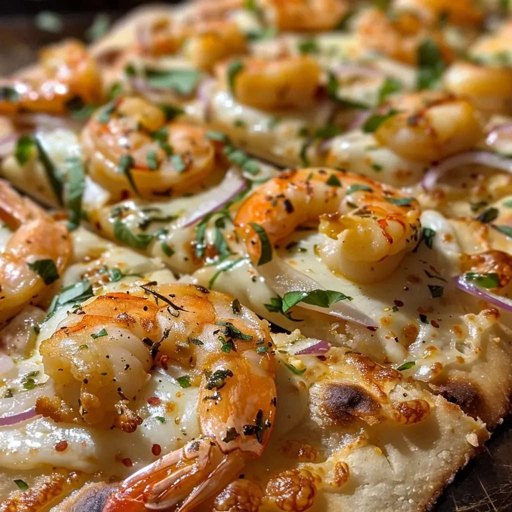 Close-up view of shrimp flatbread topped with shrimp and cheese.