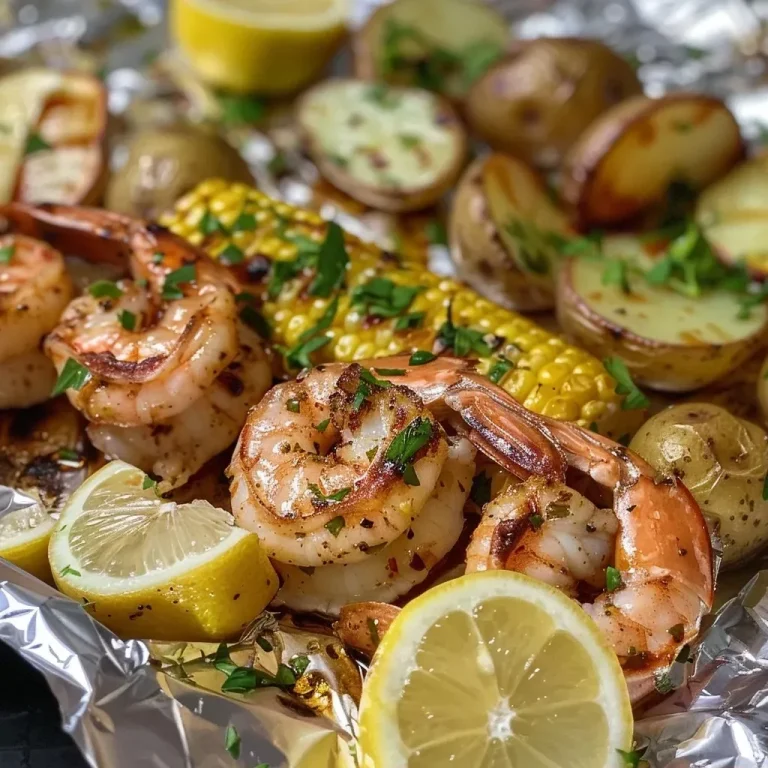 ['A close-up of a shrimp foil packet baked in the oven, showcasing succulent shrimp and colorful vegetables.', 'Side view of a vibrant shrimp foil packet, featuring shrimp, potatoes, corn, and seasonings wrapped in aluminum foil.', 'Juicy shrimp and mixed vegetables arranged in a foil packet ready for baking, highlighting their appetizing colors.', 'A detailed shot of a delicious shrimp foil packet filled with shrimp, corn, and potatoes, surrounded by fresh herbs.']