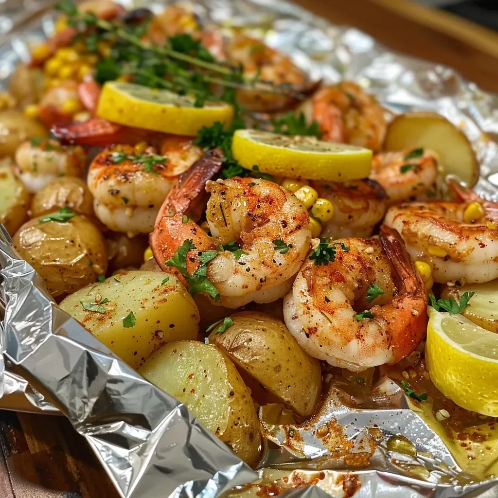 A close-up of a shrimp foil packet baked in the oven, showcasing succulent shrimp and colorful vegetables.