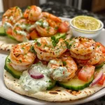 ['A close-up view of shrimp pitas filled with fresh vegetables and tzatziki sauce.', 'Juicy shrimp stuffed in pita bread, garnished with cucumber, tomato, and red onion.', 'A side view of pitas loaded with shrimp and a dollop of tzatziki sauce.', 'Shrimp-filled pitas served with sliced vegetables, showcasing a creamy tzatziki.']