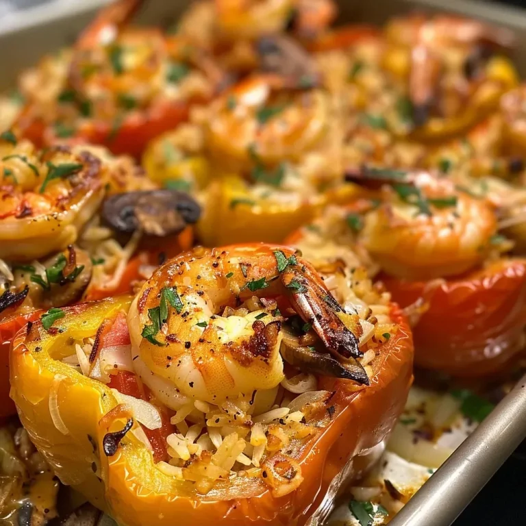 ['Juicy shrimp stuffed peppers filled with rice and vegetables.', 'Close-up view of colorful bell peppers stuffed with shrimp and rice.', 'Side view of shrimp stuffed peppers with melted cheese on top.', 'A delicious dish of shrimp stuffed bell peppers ready to serve.']