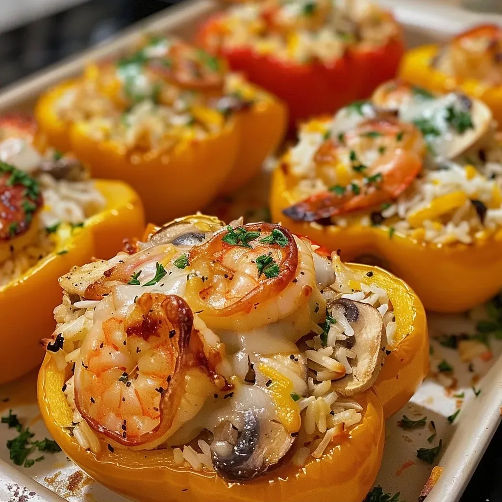 Juicy shrimp stuffed peppers filled with rice and vegetables.