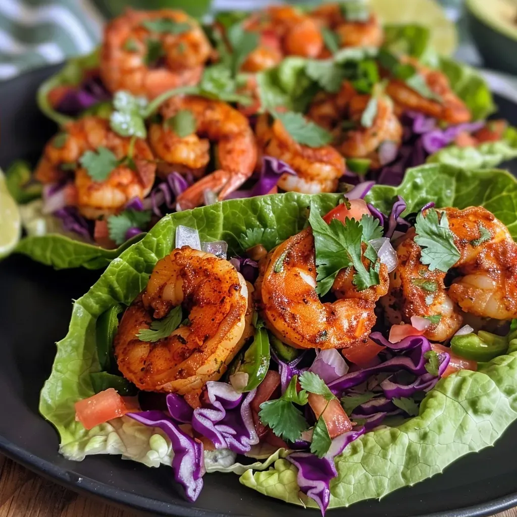 Close-up of shrimp taco lettuce wraps with vibrant slaw and creamy sauce.