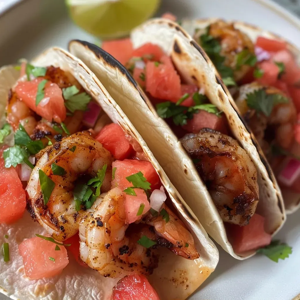 A close-up side view of juicy shrimp tacos topped with colorful watermelon pico de gallo.