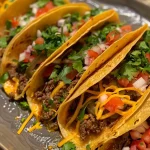 ['Close-up view of sizzling beef tacos topped with zesty lime crema and fresh cilantro.', 'Appetizing side view of juicy beef tacos with melted mozzarella cheese and a drizzle of lime sauce.', 'Colorful image of summer beef tacos served in a flour tortilla, garnished with onions and cilantro.', 'Mouthwatering display of tacos filled with seasoned beef, cheese, and a creamy lime dressing.']