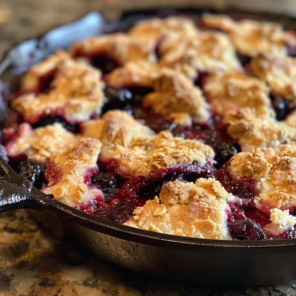 Close-up view of a golden-brown Skillet Berry Cobbler with juicy, colorful berries.