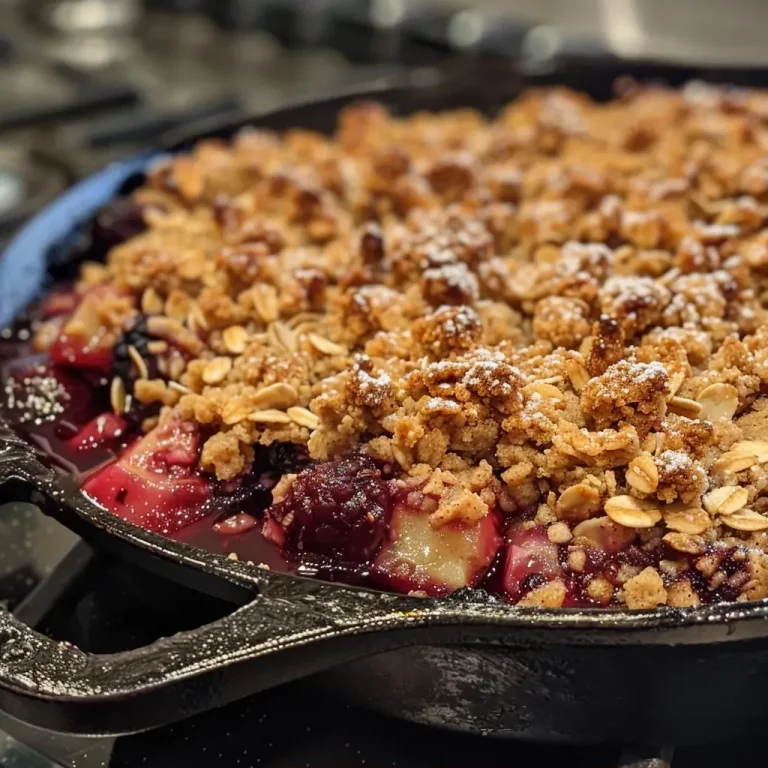 ['Close-up side view of a baked Skillet Berry Crisp with a golden topping and colorful berries.', 'Juicy Skillet Berry Crisp in a cast iron skillet, showcasing a crumbly topping and fresh berries.', 'Richly colored assortment of berries topped with a crispy layer in a skillet.', 'Delicious Skillet Berry Crisp displayed in a skillet, highlighting its baked texture and vibrant fruit.']