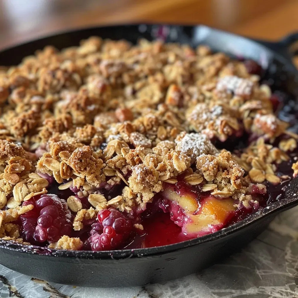 Close-up side view of a baked Skillet Berry Crisp with a golden topping and colorful berries.