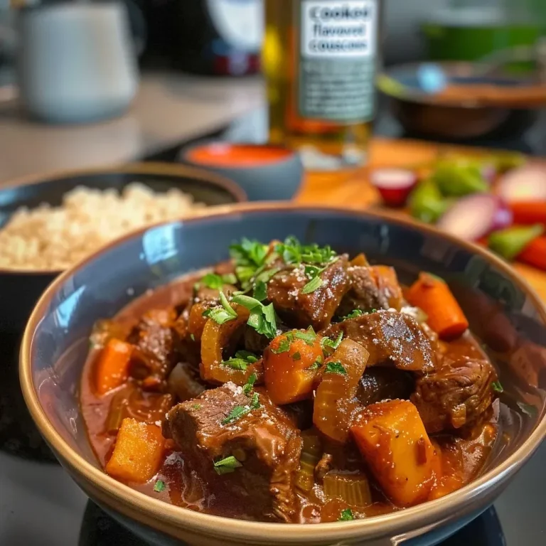 ['Close-up of a juicy, slow-cooked beef casserole with colorful vegetables.', 'Side view of a flavorful beef casserole featuring braised meat and peppers.', 'A hearty slow-cooked beef casserole, rich in color with visible ingredients.', 'Tantalizing beef casserole served in a bowl, showcasing vibrant veggies and tender meat.']