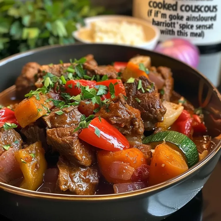 ['Close-up view of a hearty slow-cooked beef casserole with colorful vegetables.', 'Juicy beef casserole showcasing chunks of meat and vibrant bell peppers.', 'Side view of a bubbling beef casserole garnished with parsley and cheese.', 'Rendered image of a slow-cooked beef dish, filled with vegetables and rich sauce.']