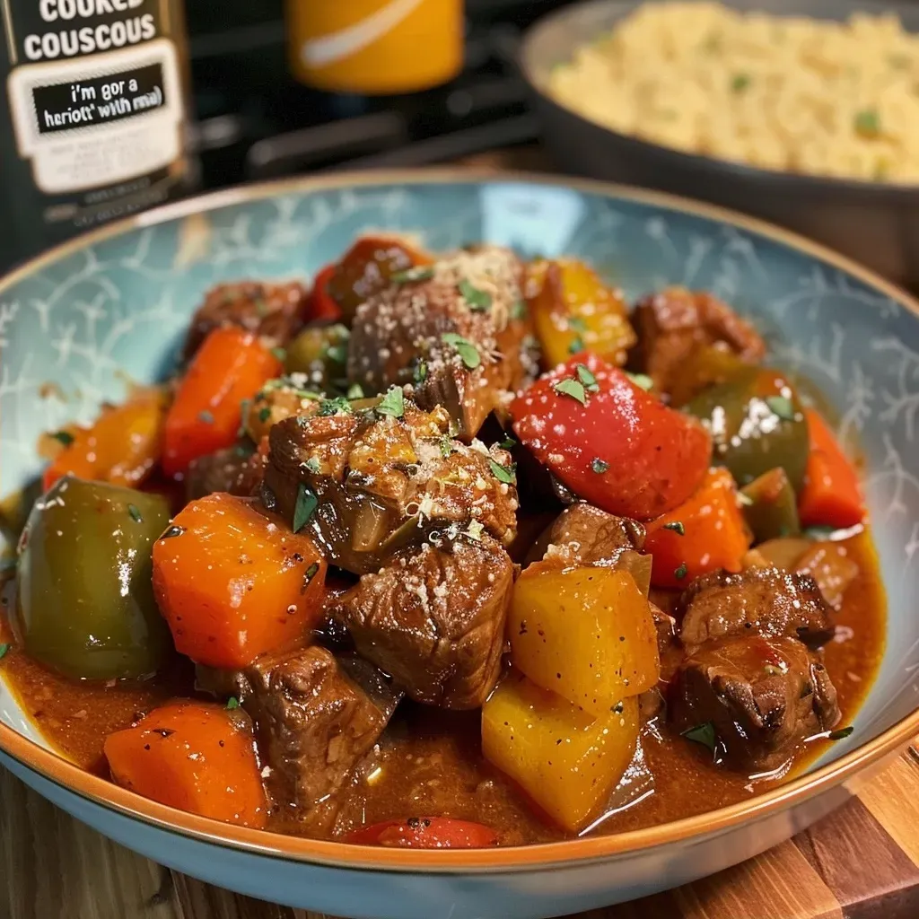 Close-up of a juicy, slow-cooked beef casserole with colorful vegetables.