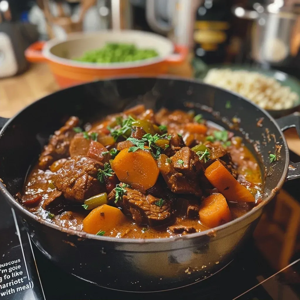 Close-up view of a hearty slow-cooked beef casserole with colorful vegetables.