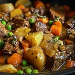 ['A close-up view of a hearty beef casserole with vegetables in a slow cooker.', 'Delicious slow cooker beef casserole featuring tender beef and colorful veggies.', 'A side view of a bubbling beef casserole prepared in a slow cooker, showcasing ingredients.', 'Juicy slow-cooked beef casserole with chunks of meat and vibrant vegetables.']