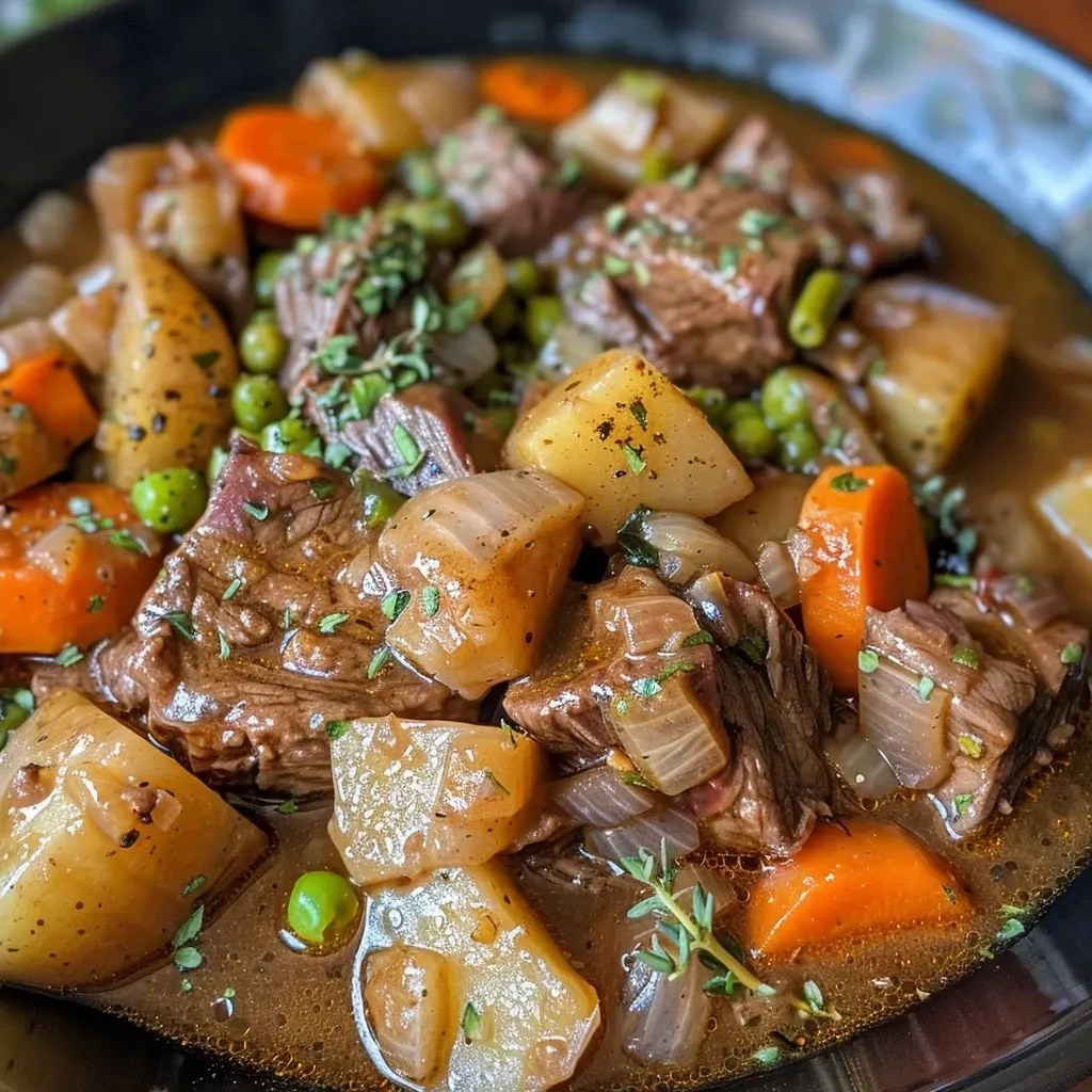A close-up view of a hearty beef casserole with vegetables in a slow cooker.
