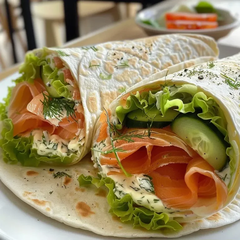 ['Close-up view of a smoked salmon wrap filled with cream cheese, cucumber, and herbs.', 'Side angle of a delicious smoked salmon wrap showcasing its vibrant ingredients.', 'Detailed photo of a smoked salmon and herbed cream cheese wrap with colorful fillings.', 'Close-up of a fresh smoked salmon wrap with visible layers of cream cheese and vegetables.']