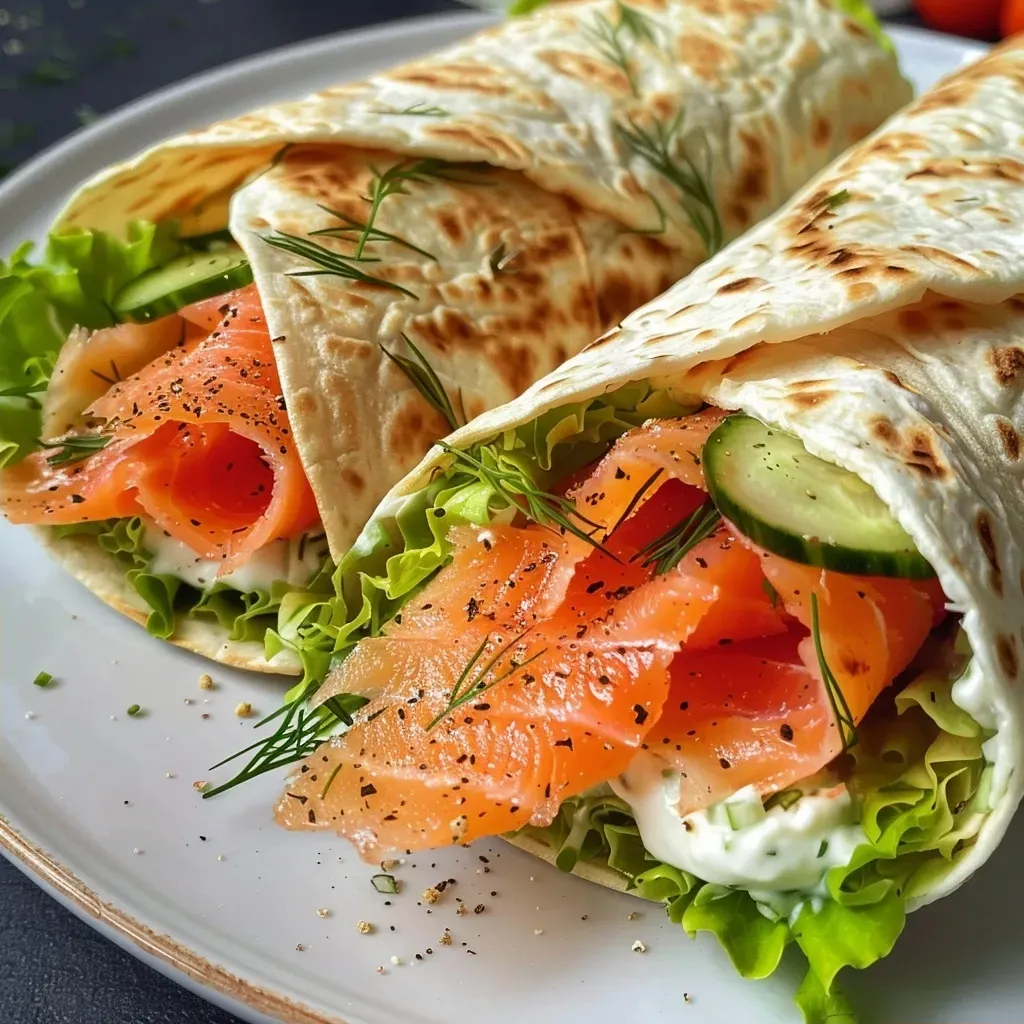 Close-up view of a smoked salmon wrap filled with cream cheese, cucumber, and herbs.