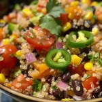 ['Close-up view of a colorful Southwest Quinoa Salad in a bowl.', 'Side view of a vibrant Southwest Quinoa Salad showcasing fresh ingredients.', 'Juicy Southwest Quinoa Salad with beans, corn, and diced vegetables.', 'Detailed look at a healthy Southwest Quinoa Salad packed with flavors.']