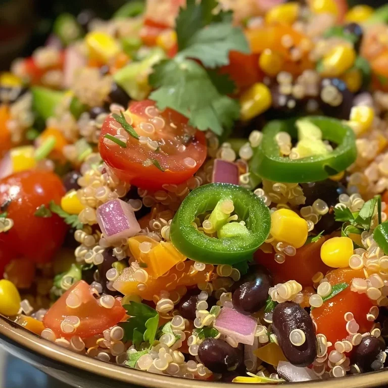['Close-up view of a colorful Southwest Quinoa Salad in a bowl.', 'Side view of a vibrant Southwest Quinoa Salad showcasing fresh ingredients.', 'Juicy Southwest Quinoa Salad with beans, corn, and diced vegetables.', 'Detailed look at a healthy Southwest Quinoa Salad packed with flavors.']
