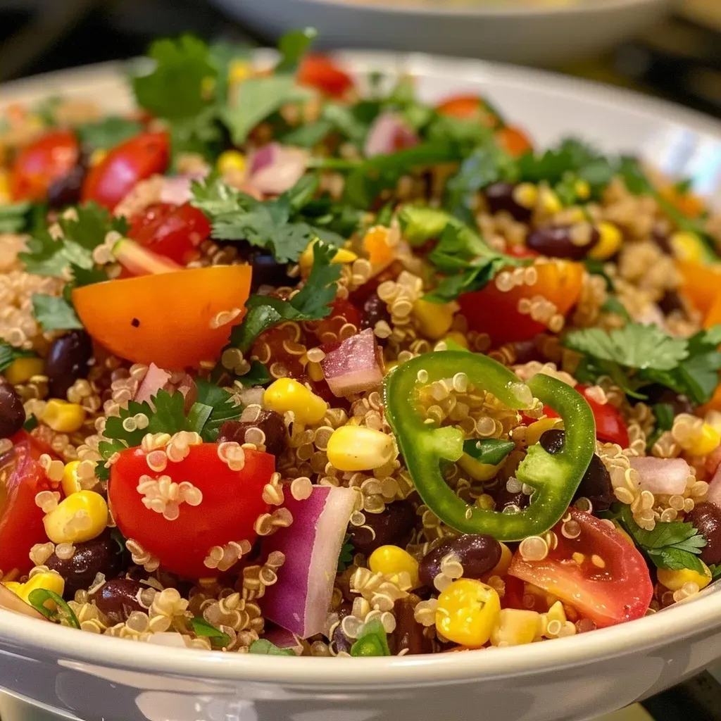 ['Close-up view of a colorful Southwest Quinoa Salad in a bowl.', 'Side view of a vibrant Southwest Quinoa Salad showcasing fresh ingredients.', 'Juicy Southwest Quinoa Salad with beans, corn, and diced vegetables.', 'Detailed look at a healthy Southwest Quinoa Salad packed with flavors.']