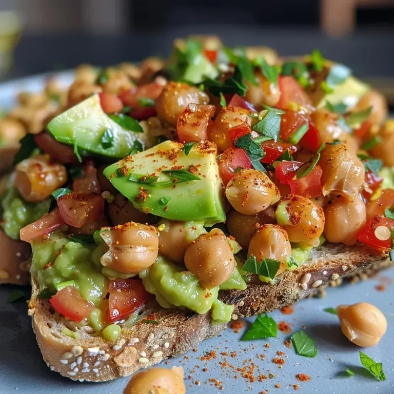 ['Close-up of a slice of sourdough bread topped with spicy chickpeas and avocado.', 'Side view of a plate featuring spicy chickpea avocado toast with chili flakes on top.', 'Sourdough toast with a vibrant green avocado spread and seasoned chickpeas.', 'A delicious serving of chickpea and avocado toast garnished with herbs and spices.']