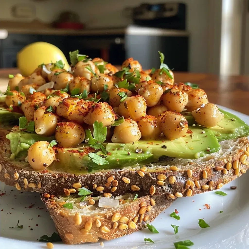 Close-up of a slice of sourdough bread topped with spicy chickpeas and avocado.