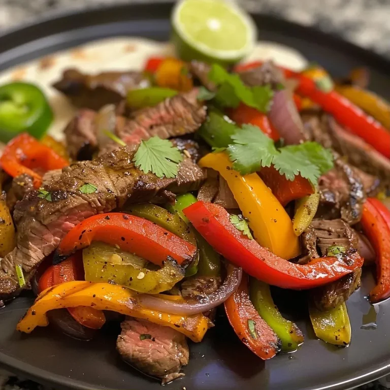 ['Close-up view of sizzling steak fajitas with colorful bell peppers and onions.', 'Juicy steak fajitas served with fresh vegetables in a warm tortilla.', 'A vibrant plate of steak fajitas highlighting seasoned meat and veggies.', 'Side view of homemade steak fajitas, showcasing ingredients and textures.']
