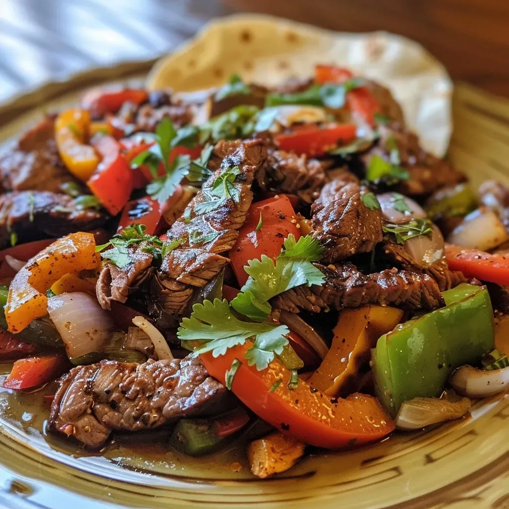 Close-up view of sizzling steak fajitas with colorful bell peppers and onions.