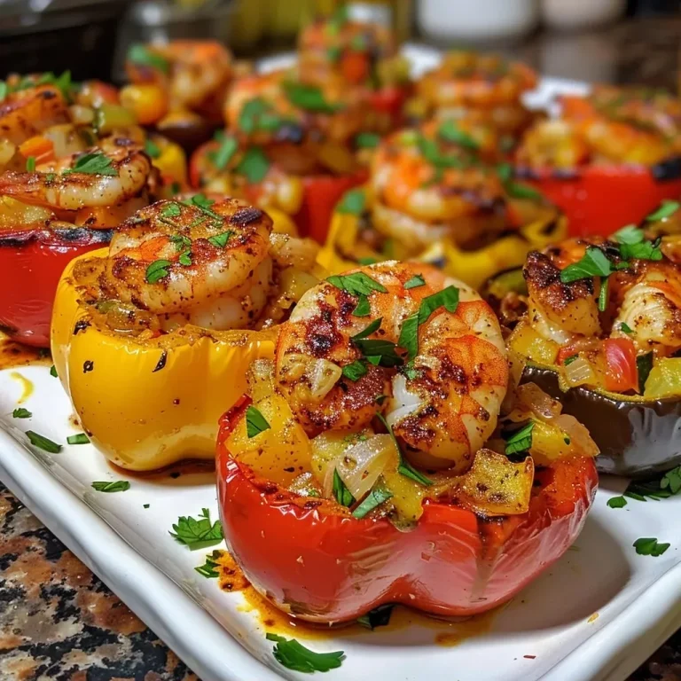 ['Juicy stuffed bell peppers filled with Cajun shrimp, viewed from the side.', 'Close-up of vibrant bell peppers, stuffed with a mixture of shrimp and vegetables.', 'Colorful assortment of stuffed bell peppers, showcasing Cajun-style shrimp filling.', 'Side view of delicious stuffed bell peppers with a savory shrimp mixture.']